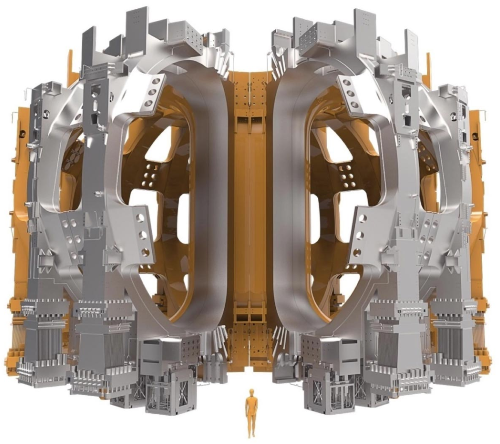 Cómo se ajustan las bobinas de campo toroidal alrededor del recipiente de vacío del tokamak (incluida la escala humana). Crédito: ITER